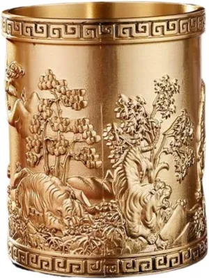 五虎笔筒精雕办公桌面收纳摆件 Feng Shui Gourd Keychain with Five Emperors Money Bring Good Luck and Wealth,home Office Other Scenes and Gifting 老虎笔筒