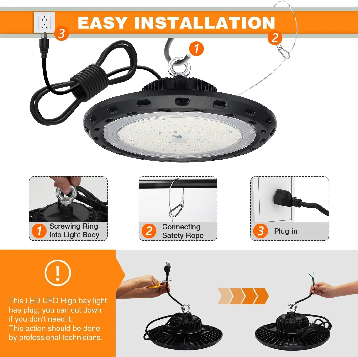 100W UFO LED High Bay Light 15000lm 5000K IP65 UL Approved 5' Cable with US Plug Alternative to 400W MH/HPS widely Used for Warehouse Shop Workshop Industrial Factory