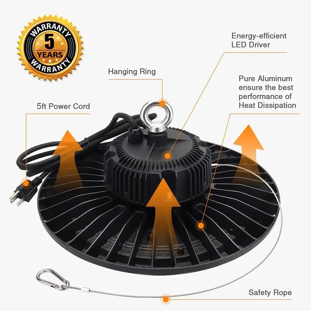100W UFO LED High Bay Light 15000lm 5000K IP65 UL Approved 5' Cable with US Plug Alternative to 400W MH/HPS widely Used for Warehouse Shop Workshop Industrial Factory