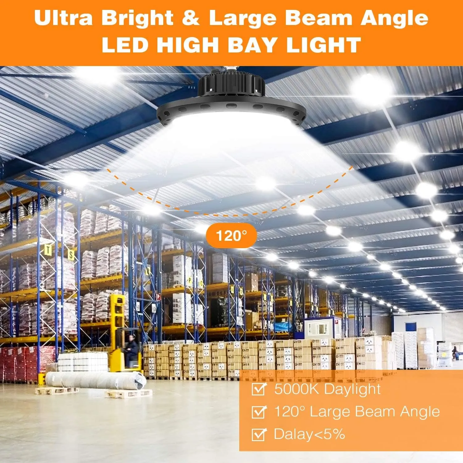 100W UFO LED High Bay Light 15000lm 5000K IP65 UL Approved 5' Cable with US Plug Alternative to 400W MH/HPS widely Used for Warehouse Shop Workshop Industrial Factory