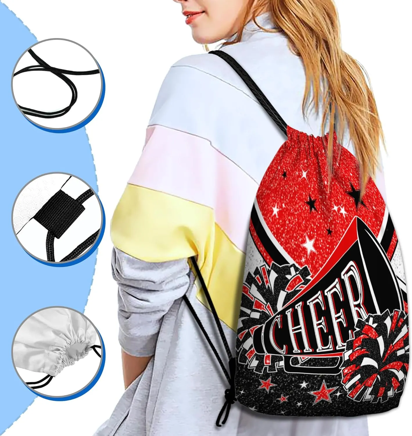 10pcs Cheer Drawstring Backpack Gifts Set with Drawstring Bag,Cosmetic Bag,Stickers,Wristbands,Necklaces,ID Badge,Lanyard,Button Pins-10pcs Cheer Gifts Set-Red