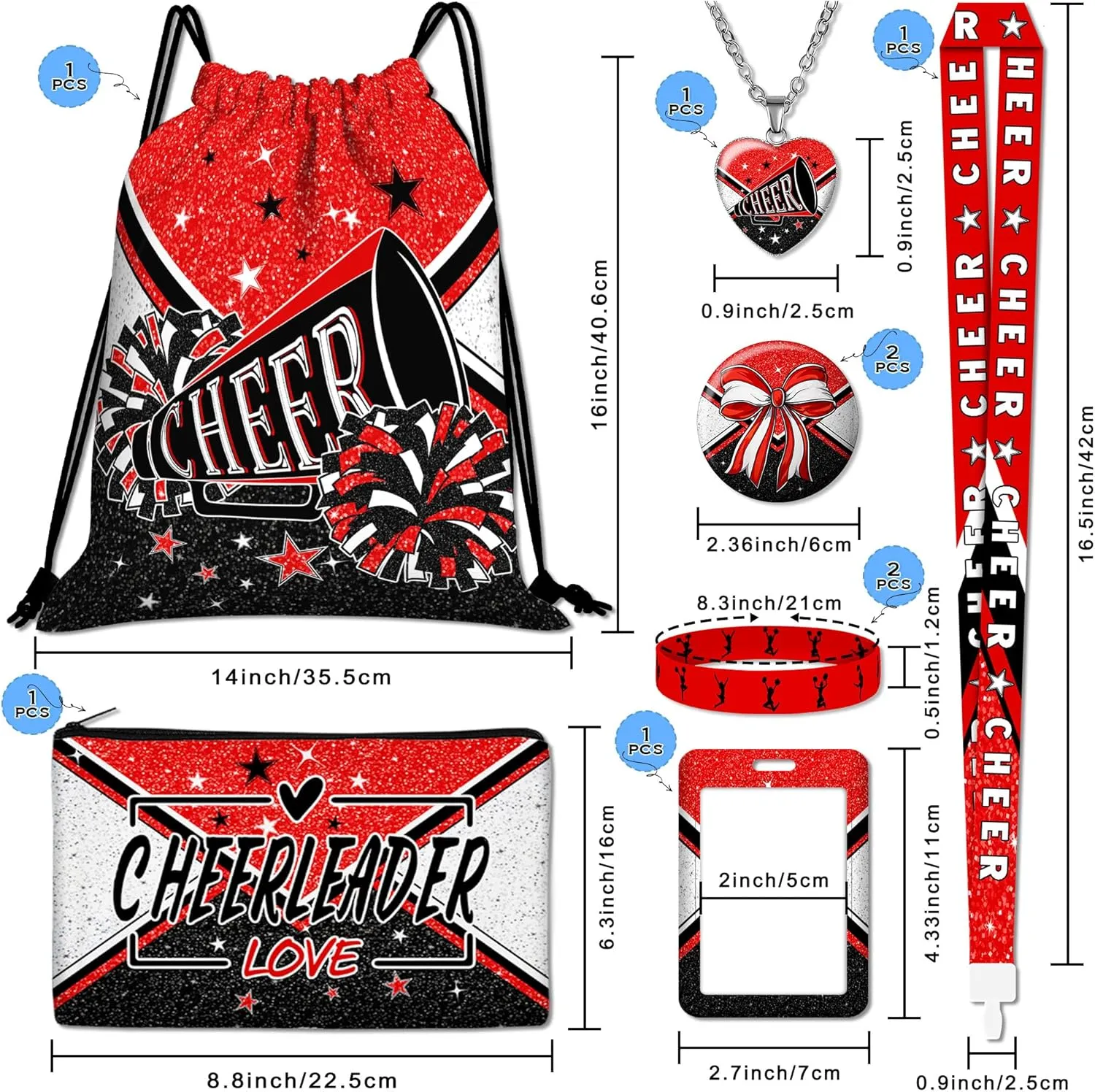 10pcs Cheer Drawstring Backpack Gifts Set with Drawstring Bag,Cosmetic Bag,Stickers,Wristbands,Necklaces,ID Badge,Lanyard,Button Pins-10pcs Cheer Gifts Set-Red