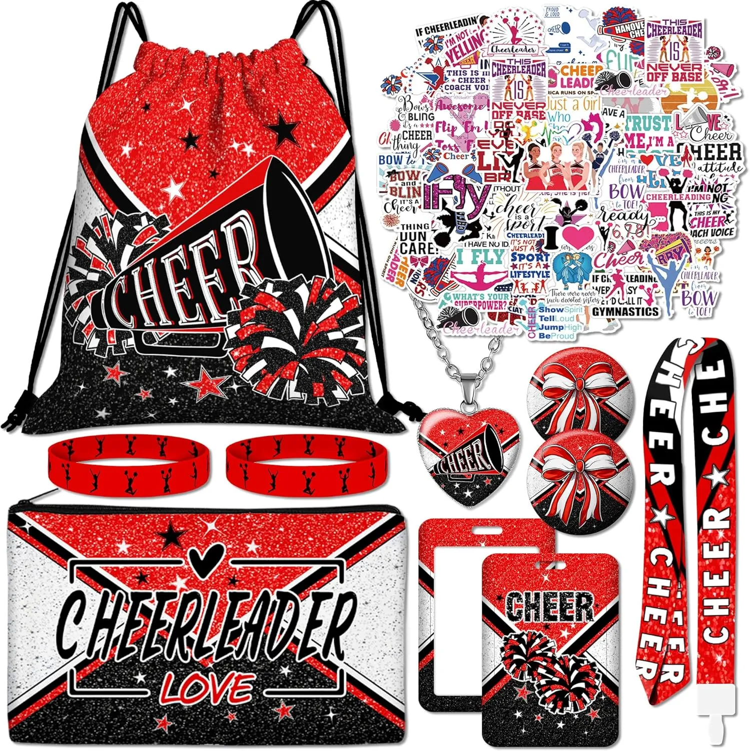 10pcs Cheer Drawstring Backpack Gifts Set with Drawstring Bag,Cosmetic Bag,Stickers,Wristbands,Necklaces,ID Badge,Lanyard,Button Pins-10pcs Cheer Gifts Set-Red