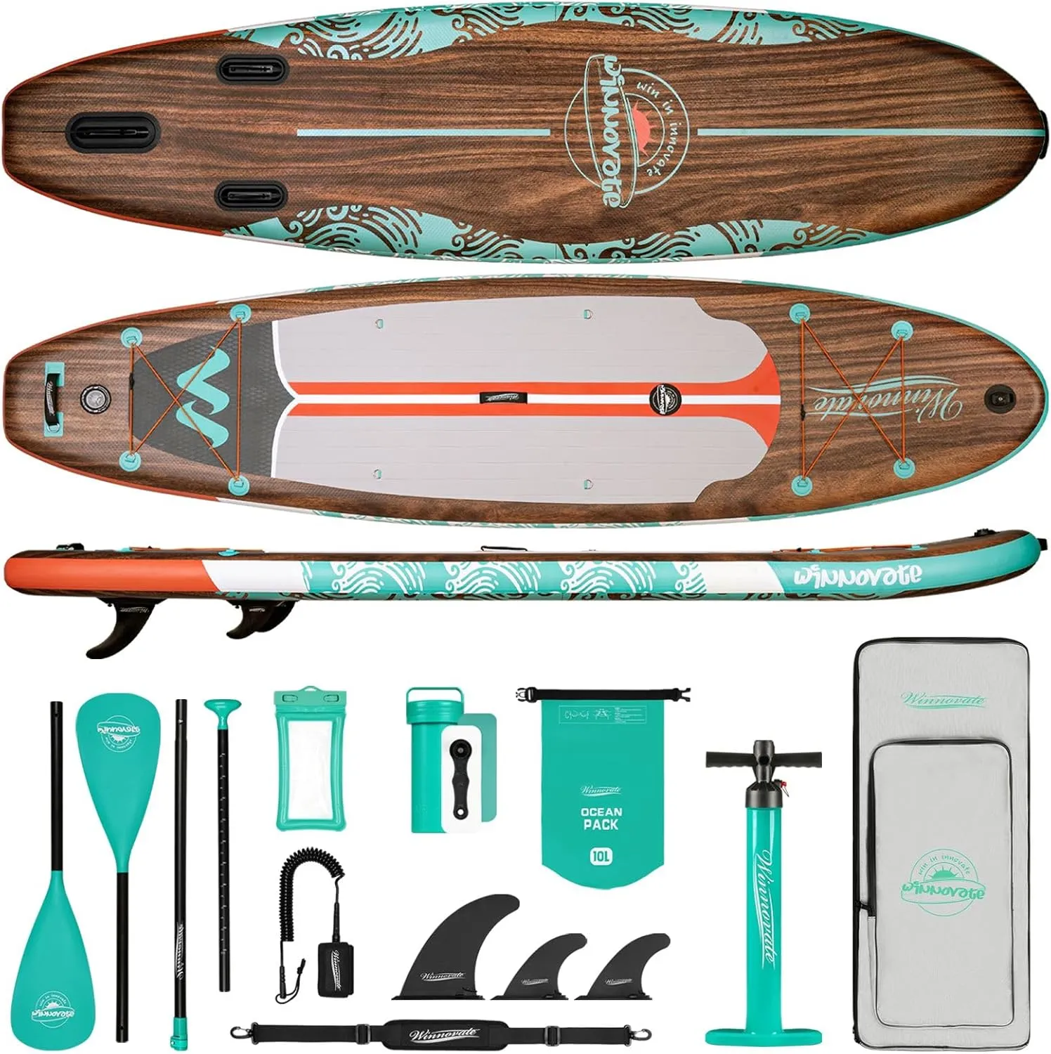 11'6"x35"x6" Wood Grain Stand Up Paddle Board Inflatable, Portable SUP Paddleboard with Complete Accessories, Camera Mount and 10L Dry Bag,Extra Wide Blow Up Paddle Board for Adults Youth Family