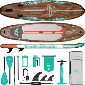 11'6"x35"x6" Wood Grain Stand Up Paddle Board Inflatable, Portable SUP Paddleboard with Complete Accessories, Camera Mount and 10L Dry Bag,Extra Wide Blow Up Paddle Board for Adults Youth Family