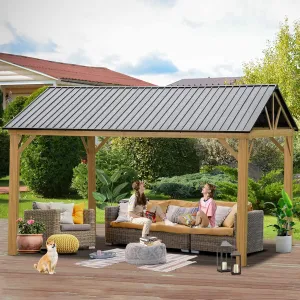 12' x 14' Hardtop Gazebo Outdoor Aluminum Gazebo with Galvanized Steel Gable Canopy for Patio Decks Backyard by domi outdoor living (Wood Looking)…