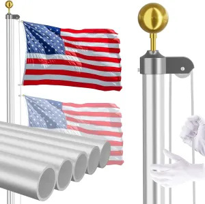 14 Gauge Flag Pole for Outside In Ground, 20 FT Heavy Duty Flagpole Kit for Yard, Extra Thick Outdoor Flag Poles with 3x5 American Flag for Residential or Commercial, Silver