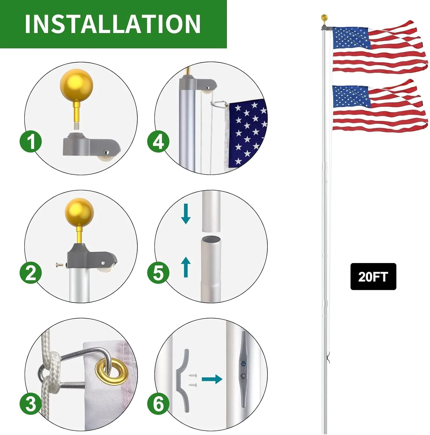 14 Gauge Flag Pole for Outside In Ground, 20 FT Heavy Duty Flagpole Kit for Yard, Extra Thick Outdoor Flag Poles with 3x5 American Flag for Residential or Commercial, Silver