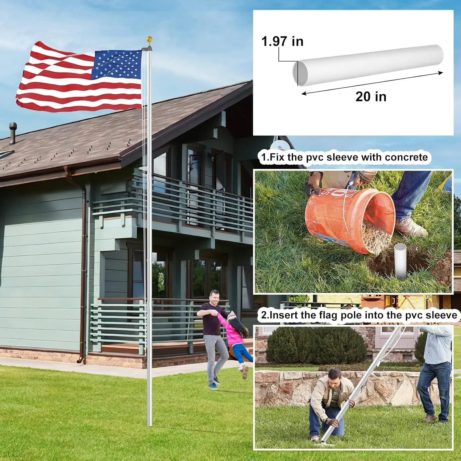 14 Gauge Flag Pole for Outside In Ground, 20 FT Heavy Duty Flagpole Kit for Yard, Extra Thick Outdoor Flag Poles with 3x5 American Flag for Residential or Commercial, Silver