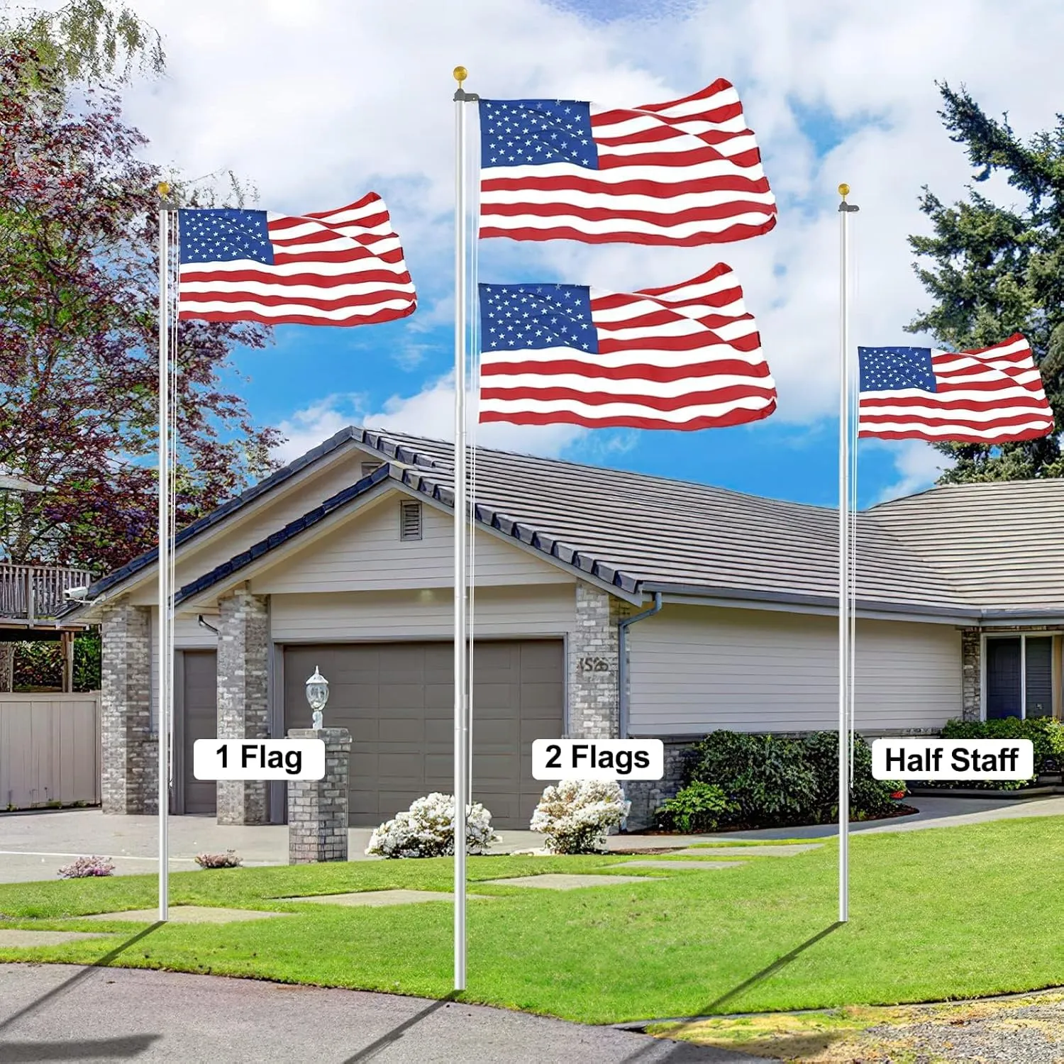 14 Gauge Flag Pole for Outside In Ground, 20 FT Heavy Duty Flagpole Kit for Yard, Extra Thick Outdoor Flag Poles with 3x5 American Flag for Residential or Commercial, Silver