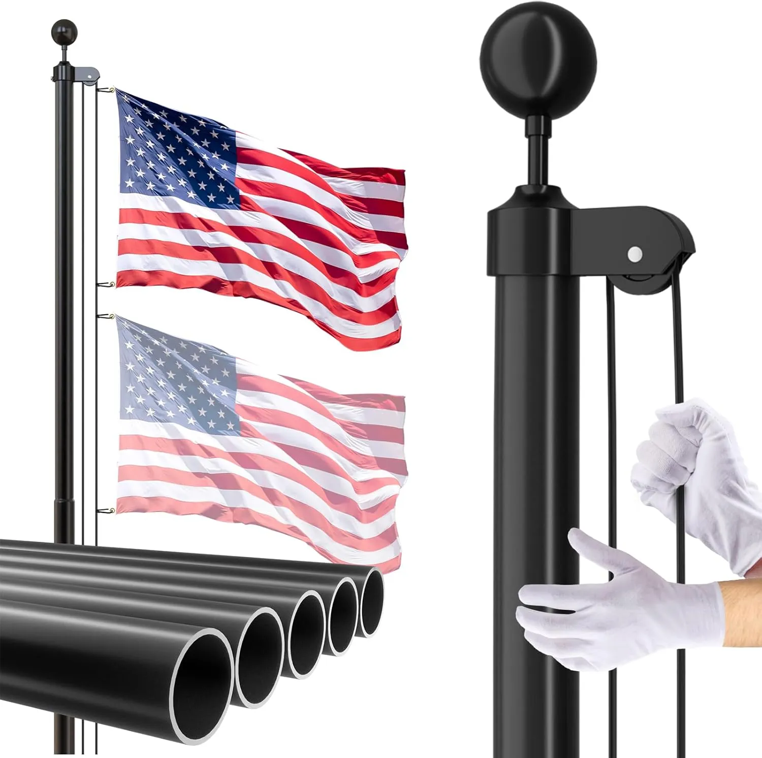14 Gauge Flag Pole for Outside In Ground, 25 FT Heavy Duty Flagpole Kit for Yard, Extra Thick Outdoor Flag Poles with 3x5 American Flag for Residential or Commercial, Black