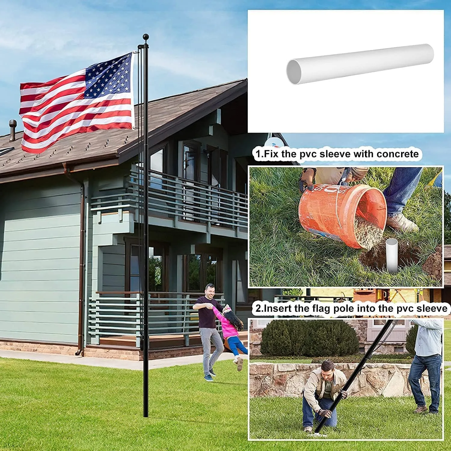 14 Gauge Flag Pole for Outside In Ground, 25 FT Heavy Duty Flagpole Kit for Yard, Extra Thick Outdoor Flag Poles with 3x5 American Flag for Residential or Commercial, Black