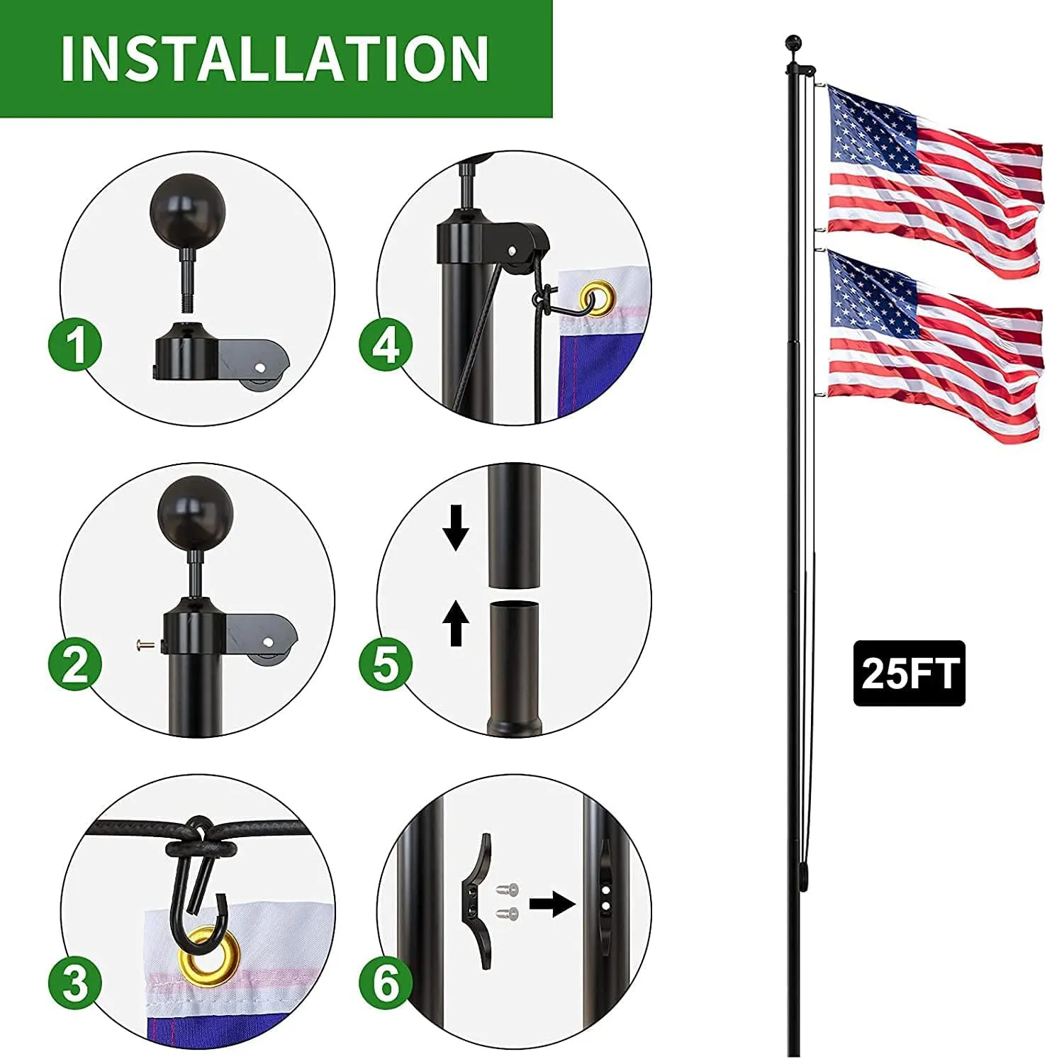 14 Gauge Flag Pole for Outside In Ground, 25 FT Heavy Duty Flagpole Kit for Yard, Extra Thick Outdoor Flag Poles with 3x5 American Flag for Residential or Commercial, Black