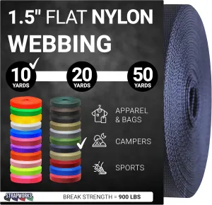 1.5 Inch Heavy Duty Nylon Webbing Strap Roll for Belt, Backpack, Sling, Collar, Leash, Strapping and More, 10, 20, or 50 Yards, Over 20 Colors