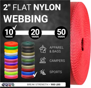 2 Inch Heavy Duty Nylon Webbing Strap Roll for Belt, Backpack, Sling, Collar, Leash, Strapping and More, 10, 20, or 50 Yards, Over 20 Colors