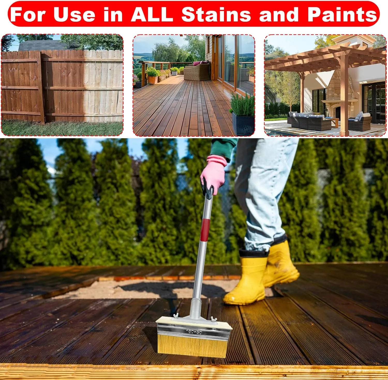 2 Pack Deck Stain Brush with Threaded Long Handle 7 Inch Deck Stain Applicator, 60" Extension Pole Deck Stain Applicator with 3" Paint Brushes Set for Painting Wood Deck, Fence, Wall and Furniture