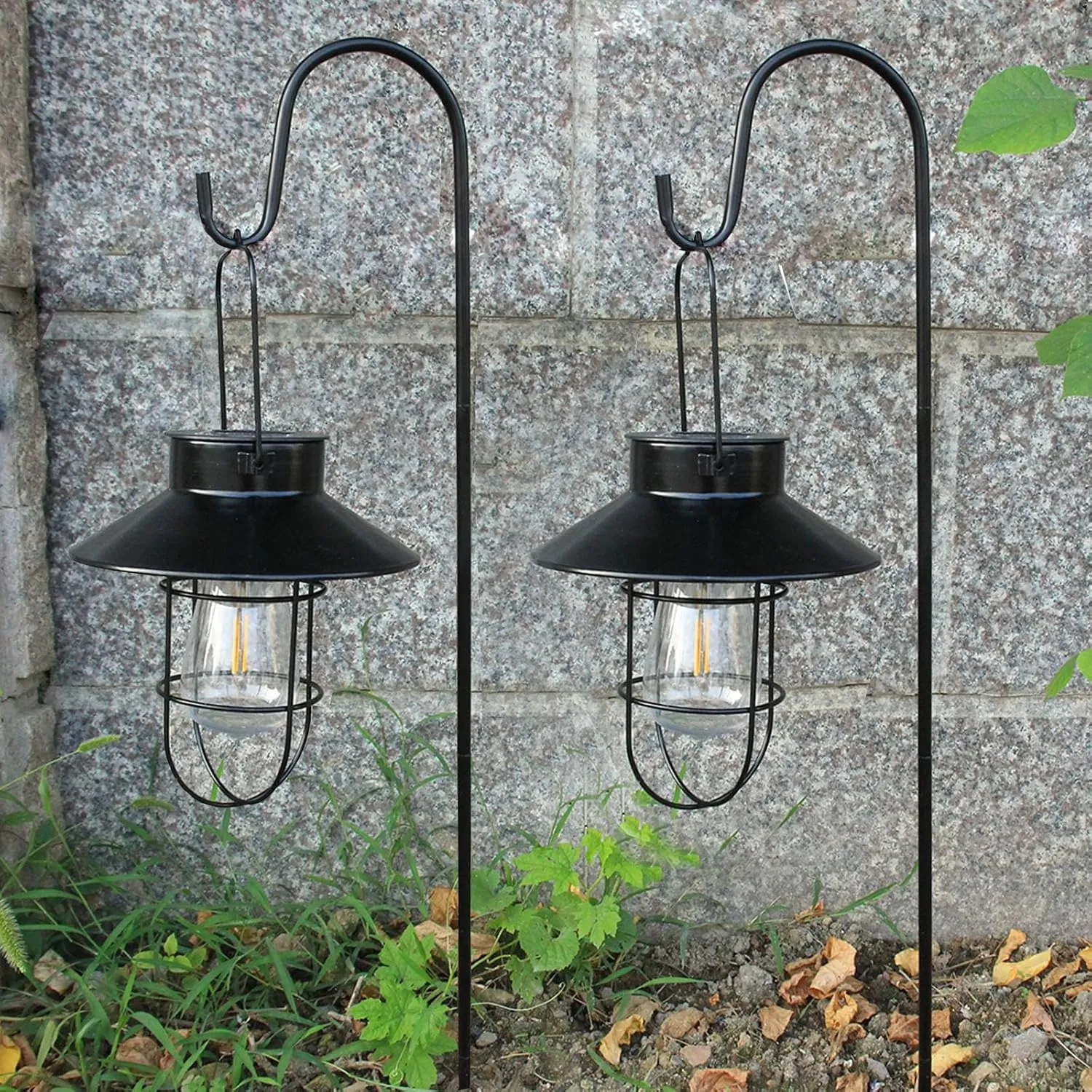 2 Pack Solar Lanterns ,Outdoor Waterproof Solar Lamp with Shepherd Hook, Metal Edison Bulb Lights Gifts for Gifts for Women/Mom Garden Outdoor Pathway Decor (Black)