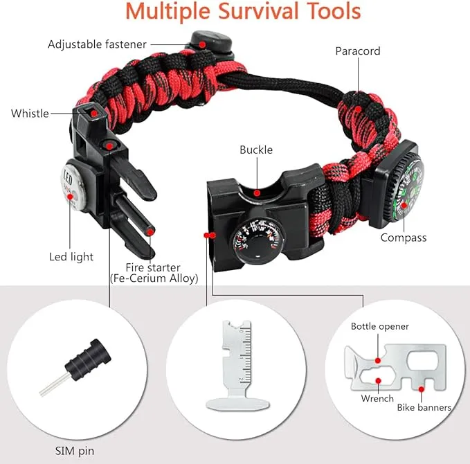 20 in 1 Survival Paracord Bracelet Adjustable Gear Kit with SOS LED Light, Fire Starter, Bigger Compass, Survival Whistle, Perfect for Camping, Hiking, Fishing