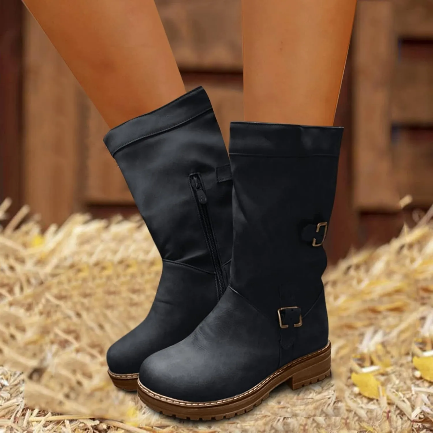 2021 Fashion Women's Shoes Autumn and Winter Round Toe Thick Heel Side Zipper Mid-Tube Rider Boots (Black, 6.5)