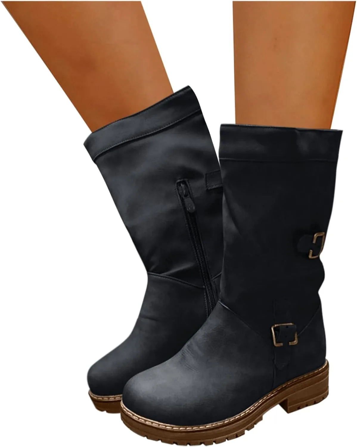 2021 Fashion Women's Shoes Autumn and Winter Round Toe Thick Heel Side Zipper Mid-Tube Rider Boots (Black, 6.5)