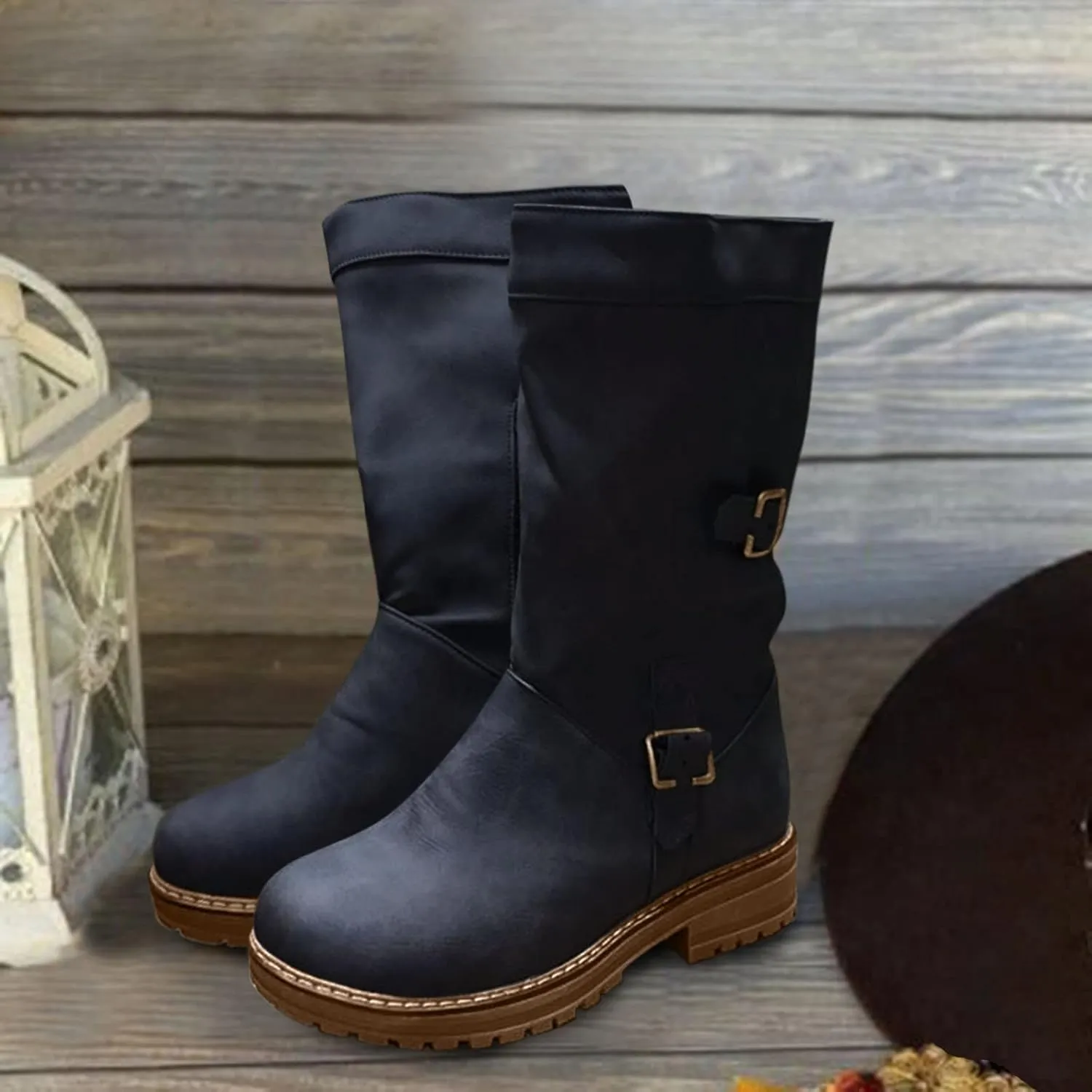 2021 Fashion Women's Shoes Autumn and Winter Round Toe Thick Heel Side Zipper Mid-Tube Rider Boots (Black, 6.5)