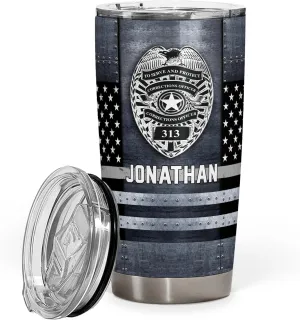 20oz Tumbler - Custom Name Badge Correctional Officer - Thin Silver Grey Gray Line American Flag Coffee Tumbler - Patriot Pride Gifts - Correctional Officer Gifts - Tumbler With Lid