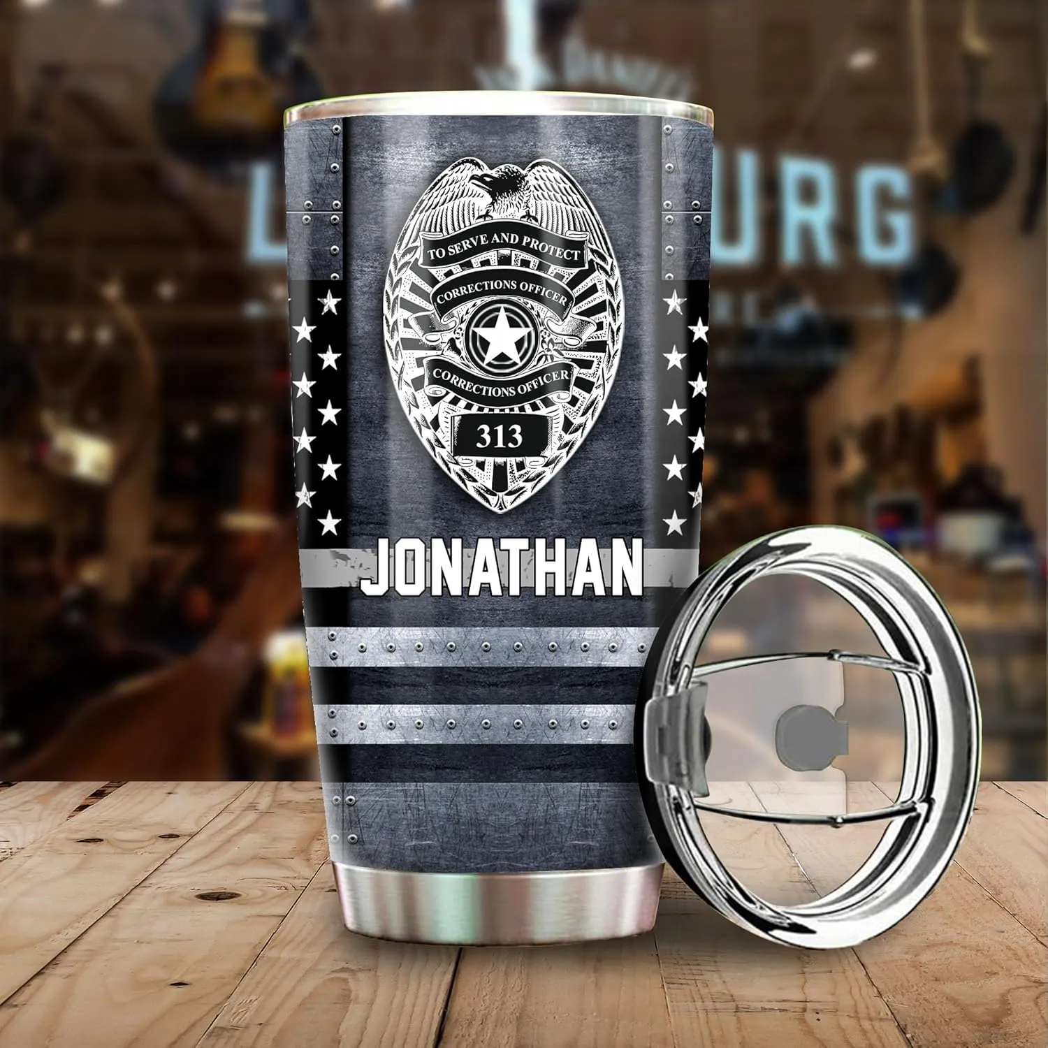 20oz Tumbler - Custom Name Badge Correctional Officer - Thin Silver Grey Gray Line American Flag Coffee Tumbler - Patriot Pride Gifts - Correctional Officer Gifts - Tumbler With Lid