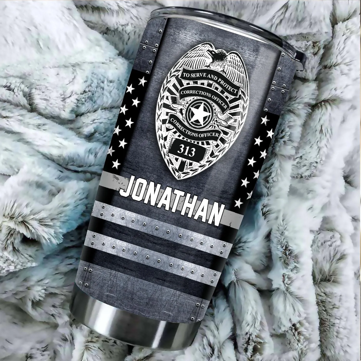 20oz Tumbler - Custom Name Badge Correctional Officer - Thin Silver Grey Gray Line American Flag Coffee Tumbler - Patriot Pride Gifts - Correctional Officer Gifts - Tumbler With Lid