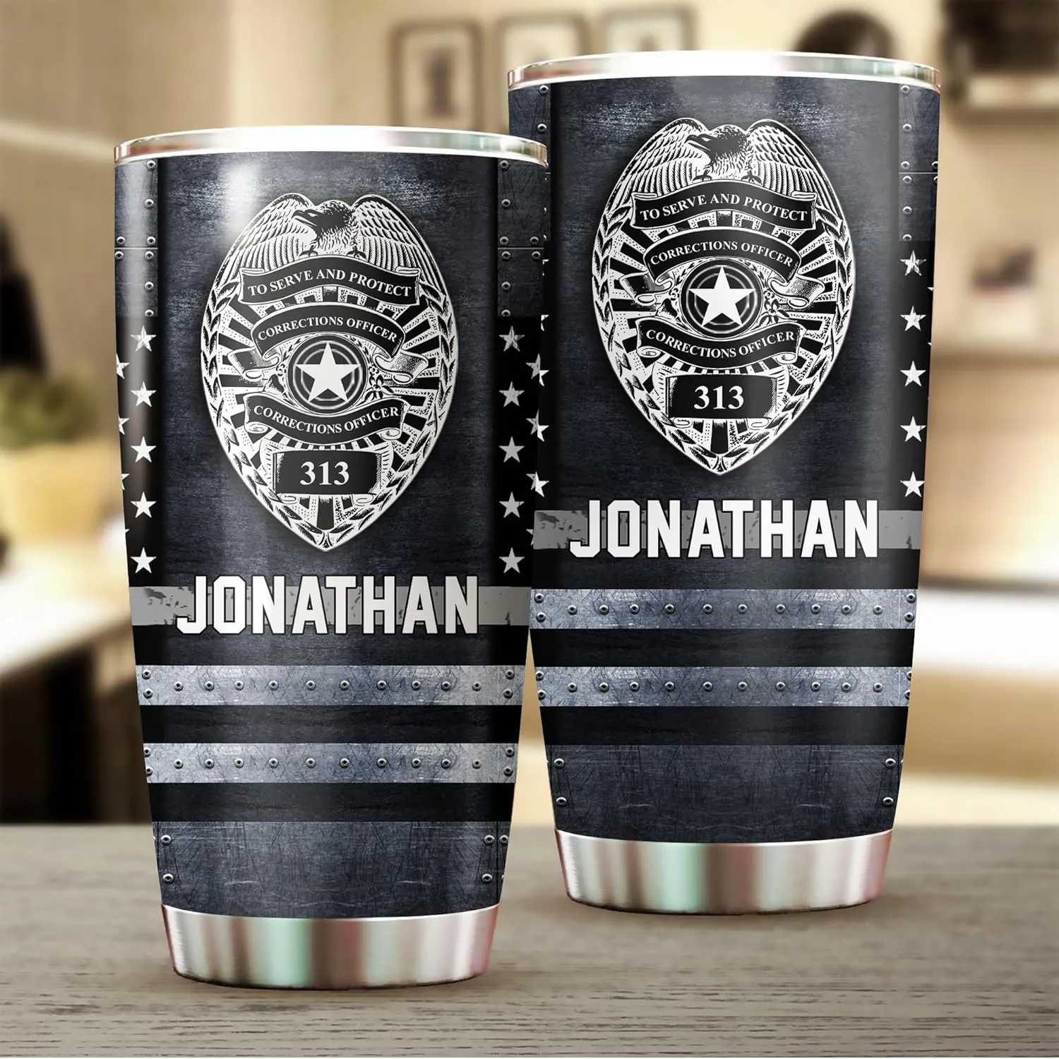 20oz Tumbler - Custom Name Badge Correctional Officer - Thin Silver Grey Gray Line American Flag Coffee Tumbler - Patriot Pride Gifts - Correctional Officer Gifts - Tumbler With Lid