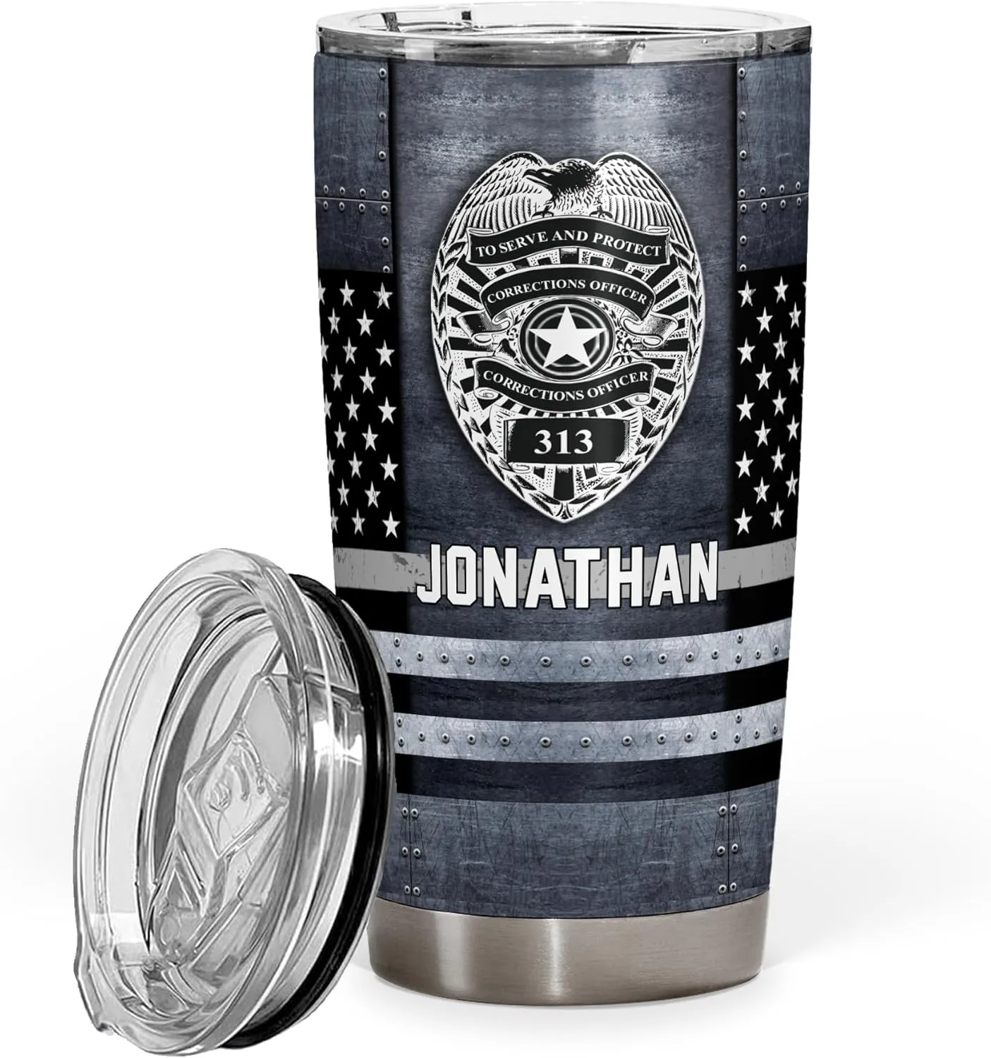 20oz Tumbler - Custom Name Badge Correctional Officer - Thin Silver Grey Gray Line American Flag Coffee Tumbler - Patriot Pride Gifts - Correctional Officer Gifts - Tumbler With Lid