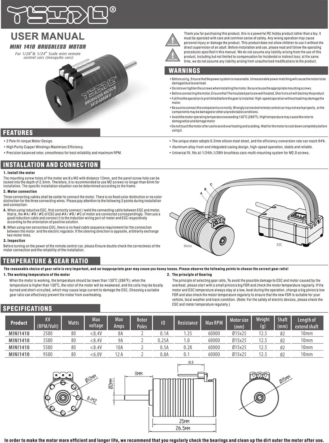 2580KV/3580KV/5580KV/9580KV Brushless Motor, igh Power Outrunner Brushless Motor RC Models Motor for Kyosho Mini-Z 1/24 1/28 RC Car