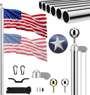 25FT 13Gauge Heavy Duty Flag Pole, Sectional Flag Pole for Outside Inground, Aluminum Flagpoles Kit with 3'x 5' American Flag & Golden Ball Topper for Yard, Residential and Commercial, Silver