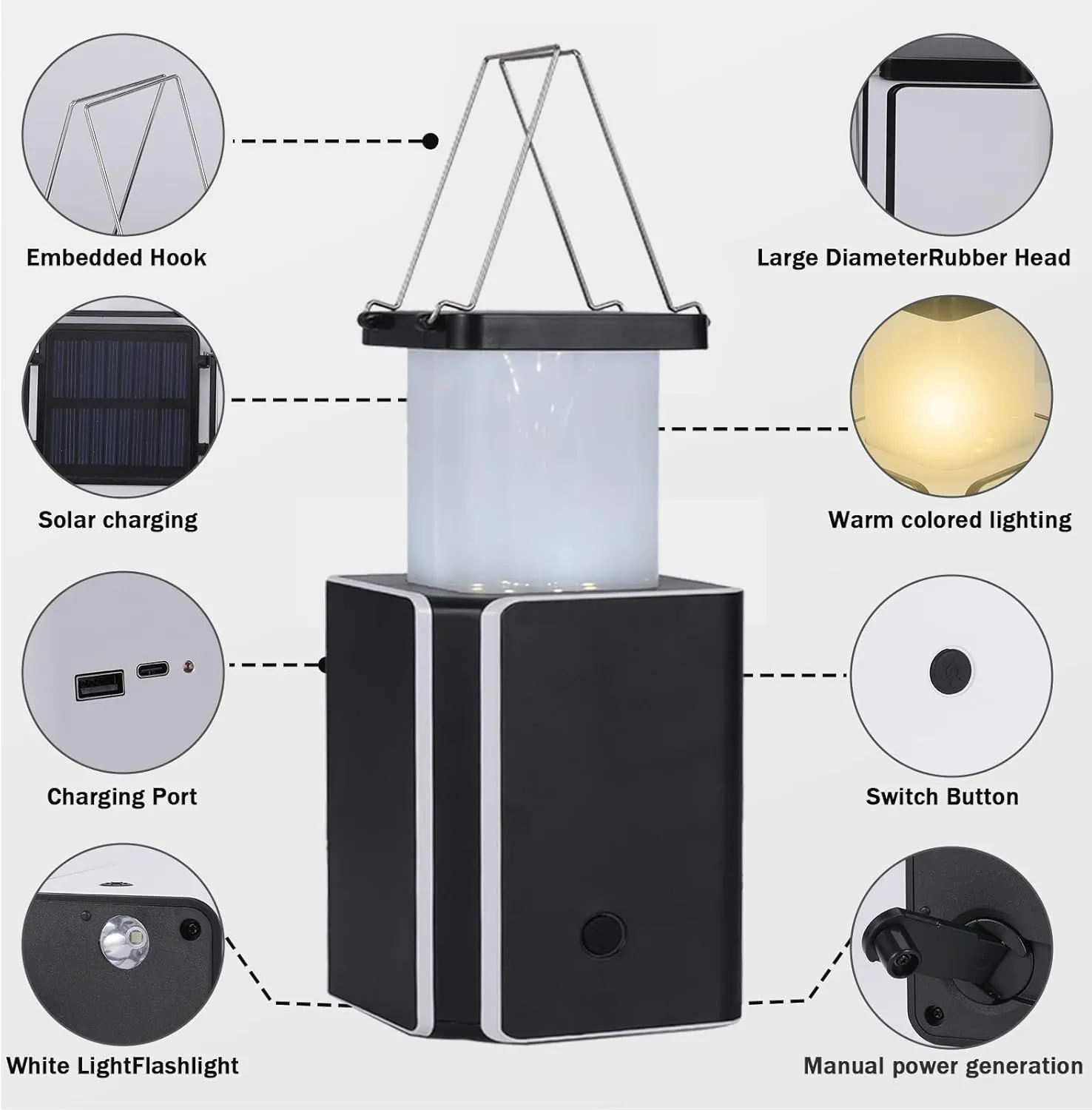 2Pack Solar LED Rechargeable Emergency Camping Lantern,White Solar Rechargeable,Rechargeable Type C,Emergency Lights Hand-Crank Power Generation,Phone Power Supply Function,flashlights
