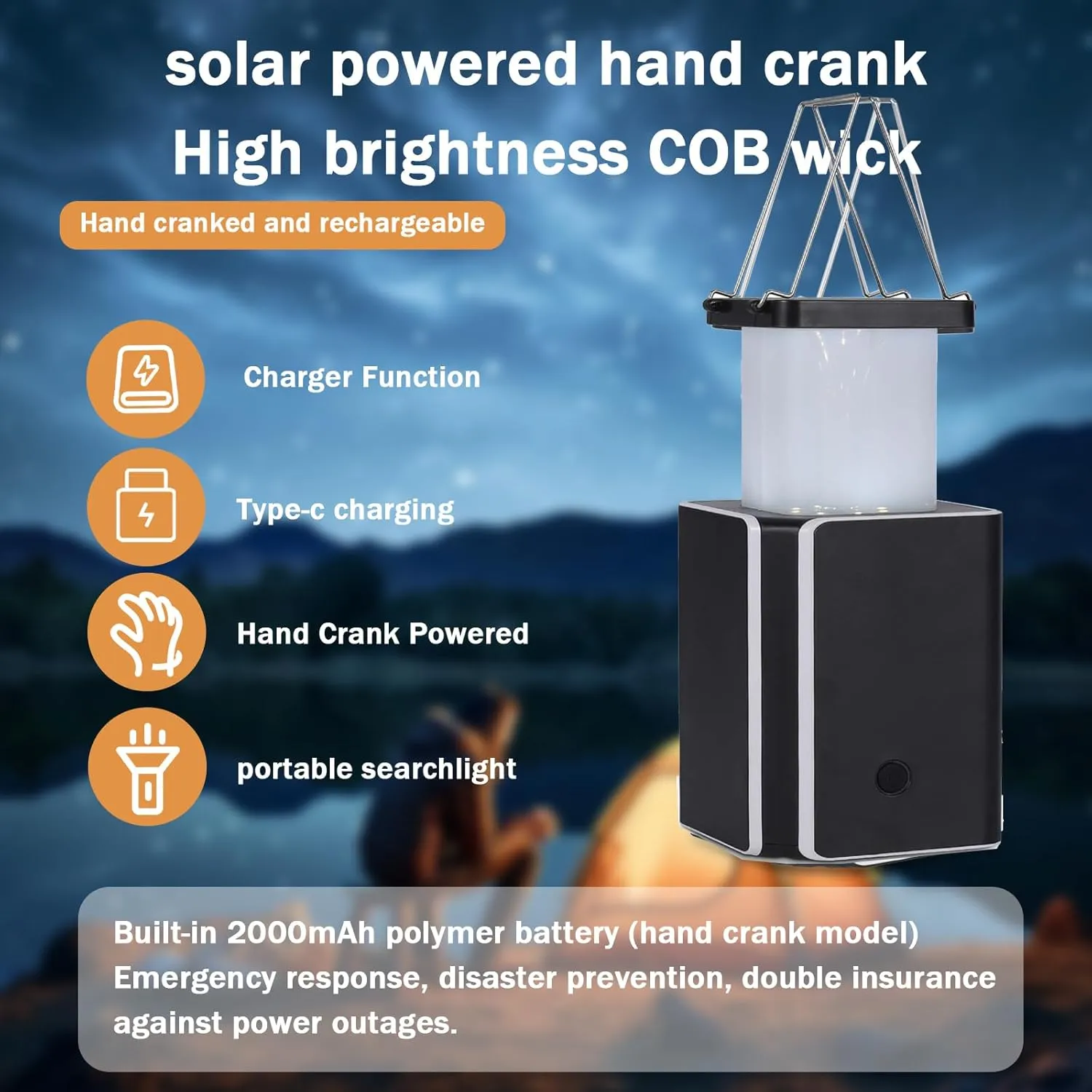 2Pack Solar LED Rechargeable Emergency Camping Lantern,White Solar Rechargeable,Rechargeable Type C,Emergency Lights Hand-Crank Power Generation,Phone Power Supply Function,flashlights