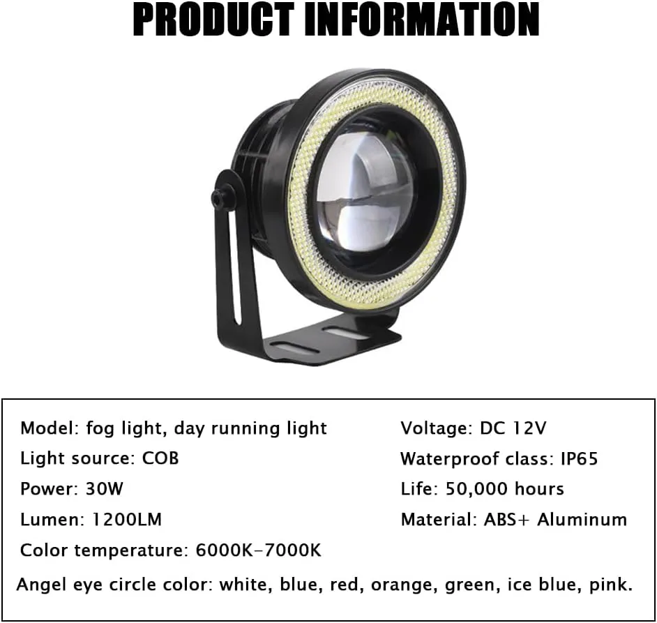 2PCS Angel Eagle Eye LED Lights Fog Light Bulbs, 2.5"/3"/3.5" DIY Daytime Running Lights COB 30W 7000K 1200LM DRL Lamps for Car Motorcycle Truck Boat (3.5inch,Blue Circle White Light)