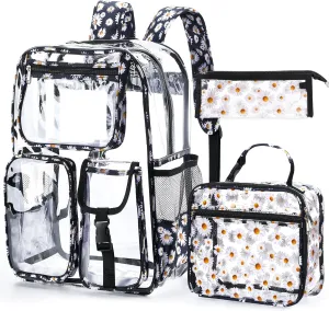 3 Pcs Clear Backpack for Women Heavy Duty PVC Transparent Backpacks with Daisy Lunch Bag Pencil Case Stadium Approved See Through Backpack for Work Travel