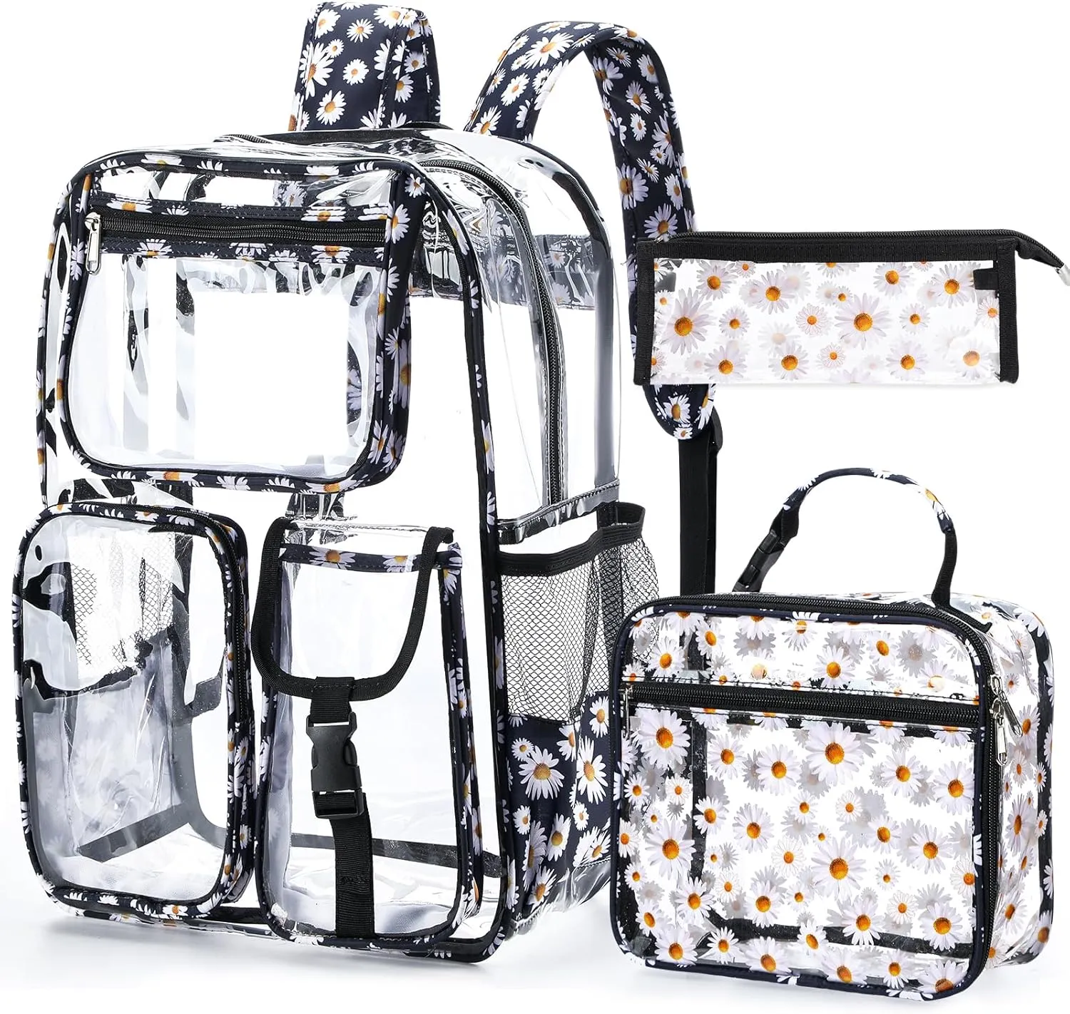 3 Pcs Clear Backpack for Women Heavy Duty PVC Transparent Backpacks with Daisy Lunch Bag Pencil Case Stadium Approved See Through Backpack for Work Travel