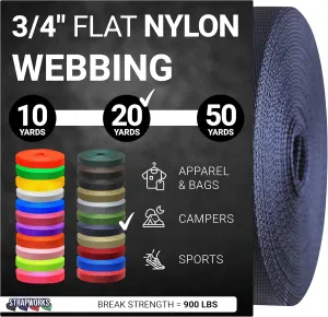 3/4 Inch Heavy Duty Nylon Webbing Strap Roll for Belt, Backpack, Sling, Collar, Leash, Strapping and More, 10, 20, or 50 Yards, Over 20 Colors