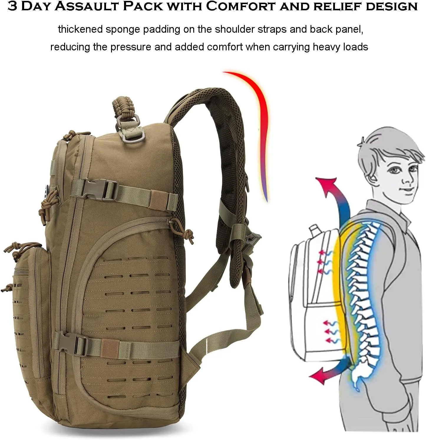 35L Tactical Backpack for Men Heavy Duty Military Backpack 3 Day Assault Pack Molle Backpack Hiking Rucksack (Tan)