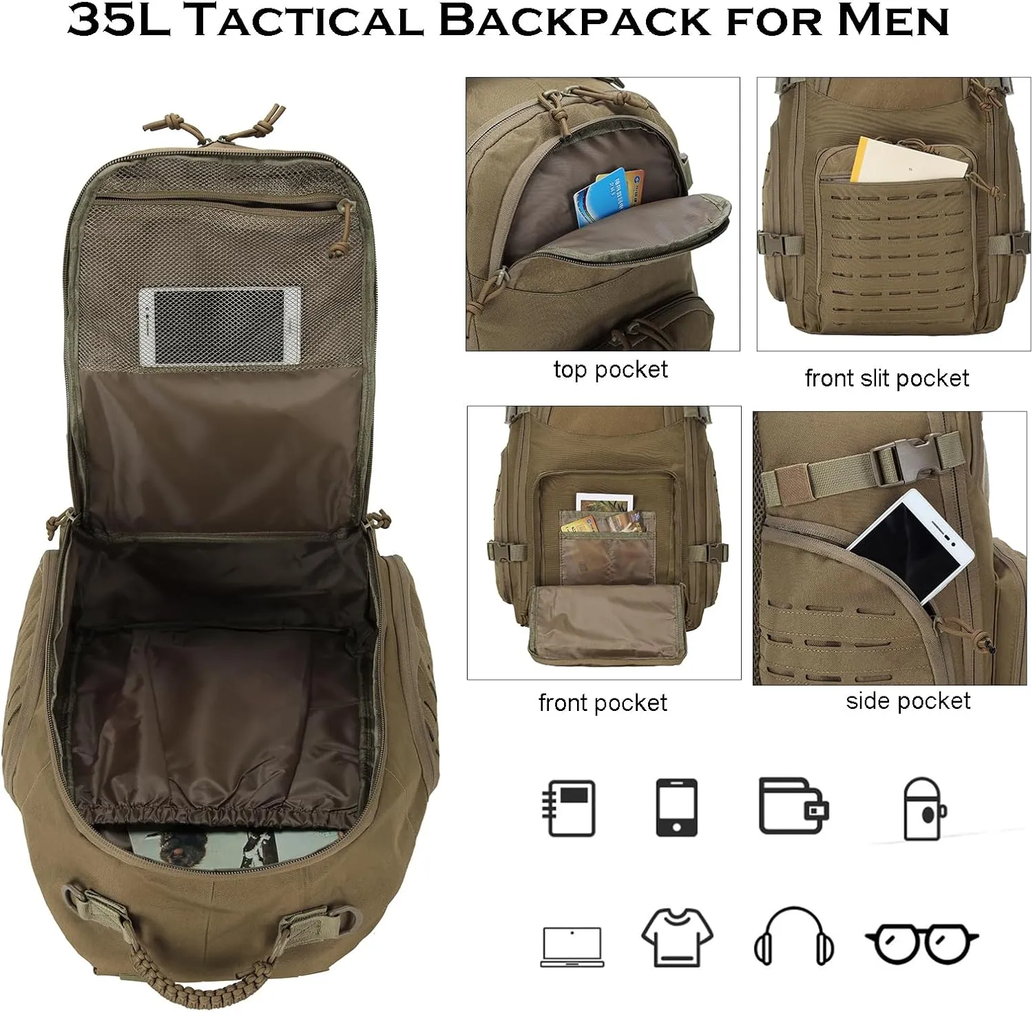 35L Tactical Backpack for Men Heavy Duty Military Backpack 3 Day Assault Pack Molle Backpack Hiking Rucksack (Tan)