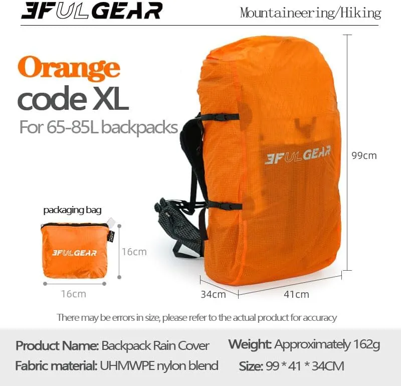 3F 20-85L backpack rain cover, waterproof, dustproof, wear-resistant, tear resistant outdoor hiking backpack cover (orange-XL)