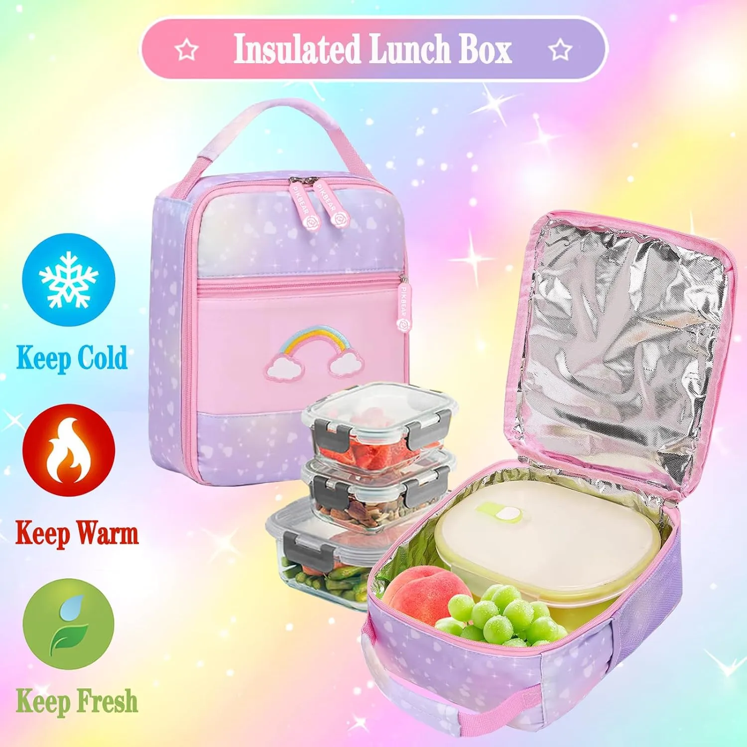 3pcs Girls Backpack,Cute Rainbow School Backpack for Kids Children with Insulated Lunch Box Pencil Case Set