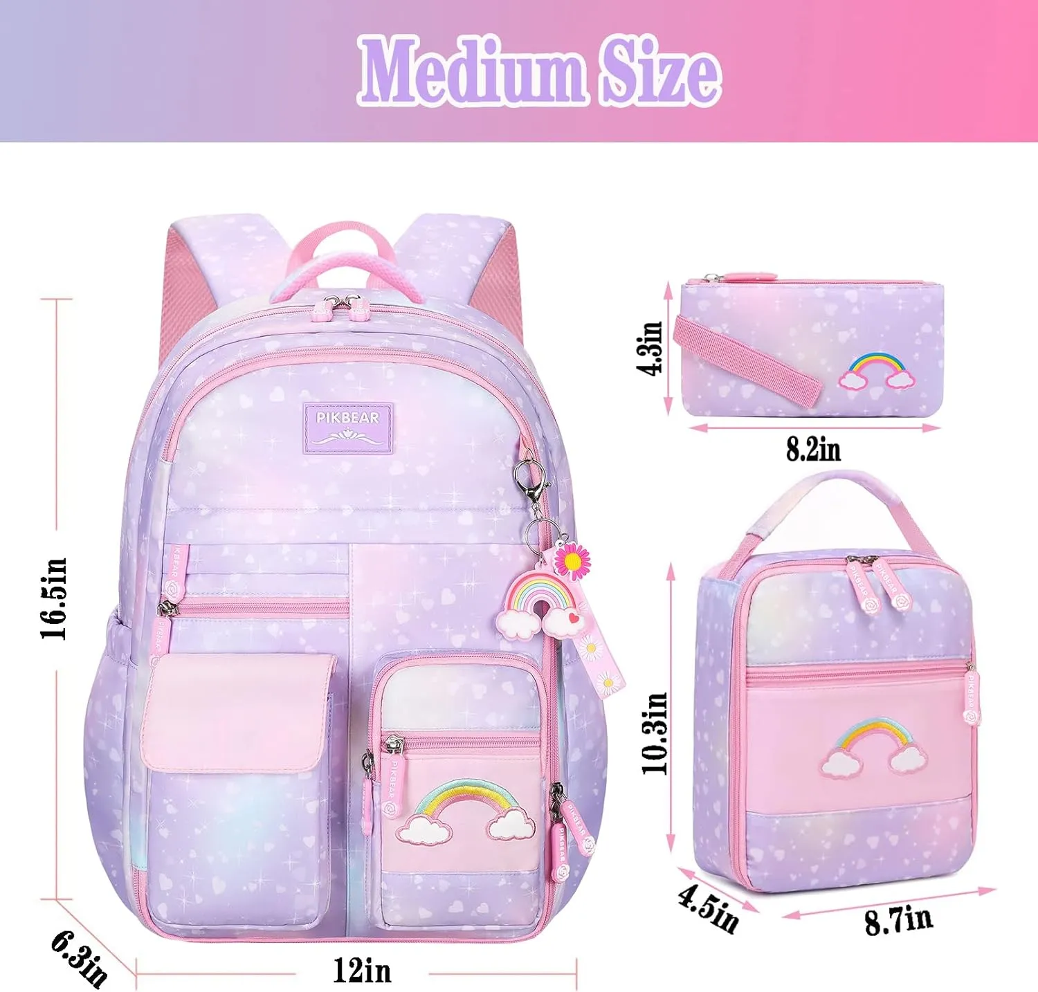 3pcs Girls Backpack,Cute Rainbow School Backpack for Kids Children with Insulated Lunch Box Pencil Case Set