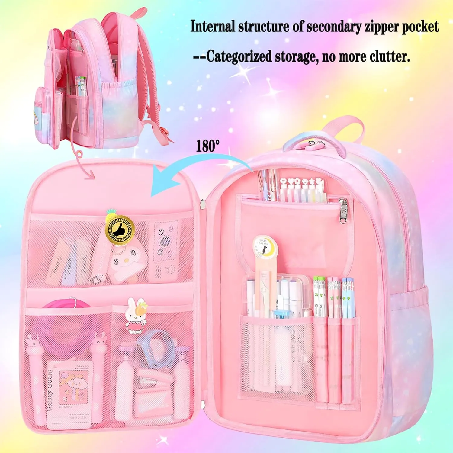 3pcs Girls Backpack,Cute Rainbow School Backpack for Kids Children with Insulated Lunch Box Pencil Case Set