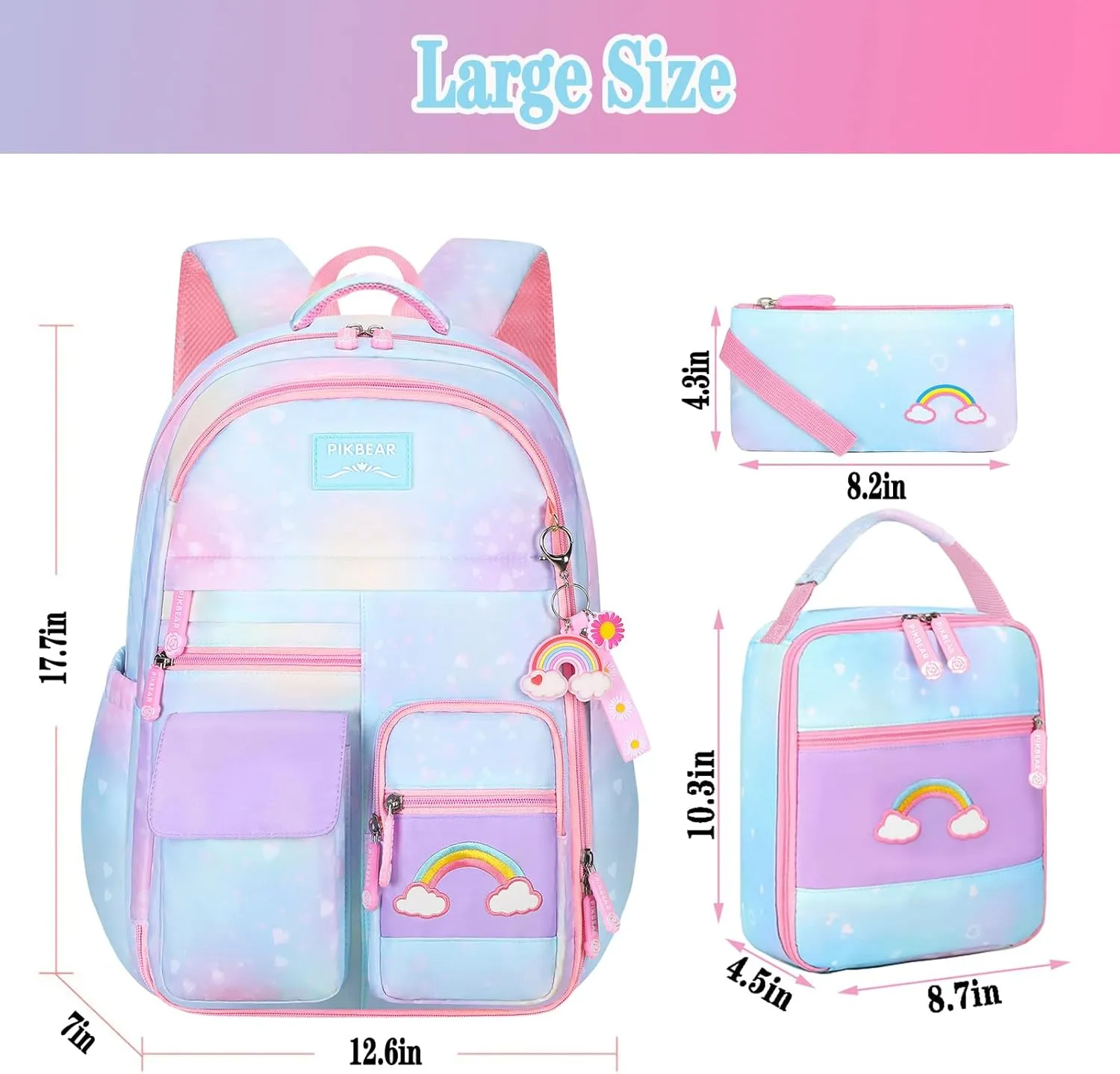 3pcs Girls Backpack,Cute Rainbow School Backpack for Kids Children with Insulated Lunch Box Pencil Case Set