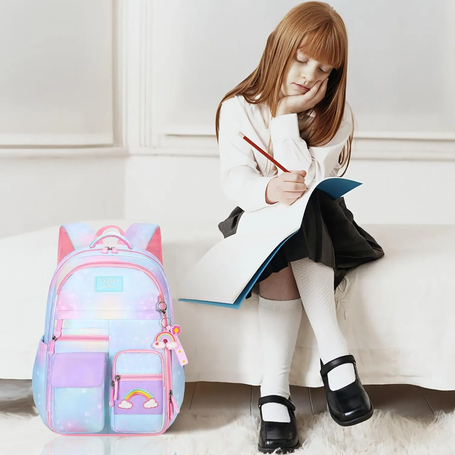 3pcs Girls Backpack,Cute Rainbow School Backpack for Kids Children with Insulated Lunch Box Pencil Case Set