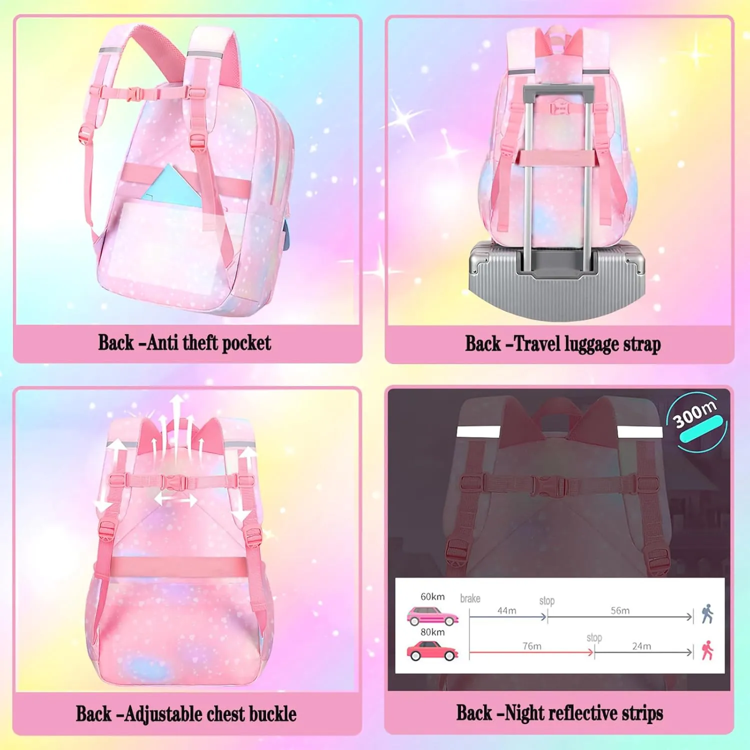 3pcs Girls Backpack,Cute Rainbow School Backpack for Kids Children with Insulated Lunch Box Pencil Case Set
