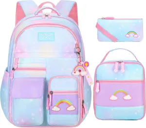 3pcs Girls Backpack,Cute Rainbow School Backpack for Kids Children with Insulated Lunch Box Pencil Case Set