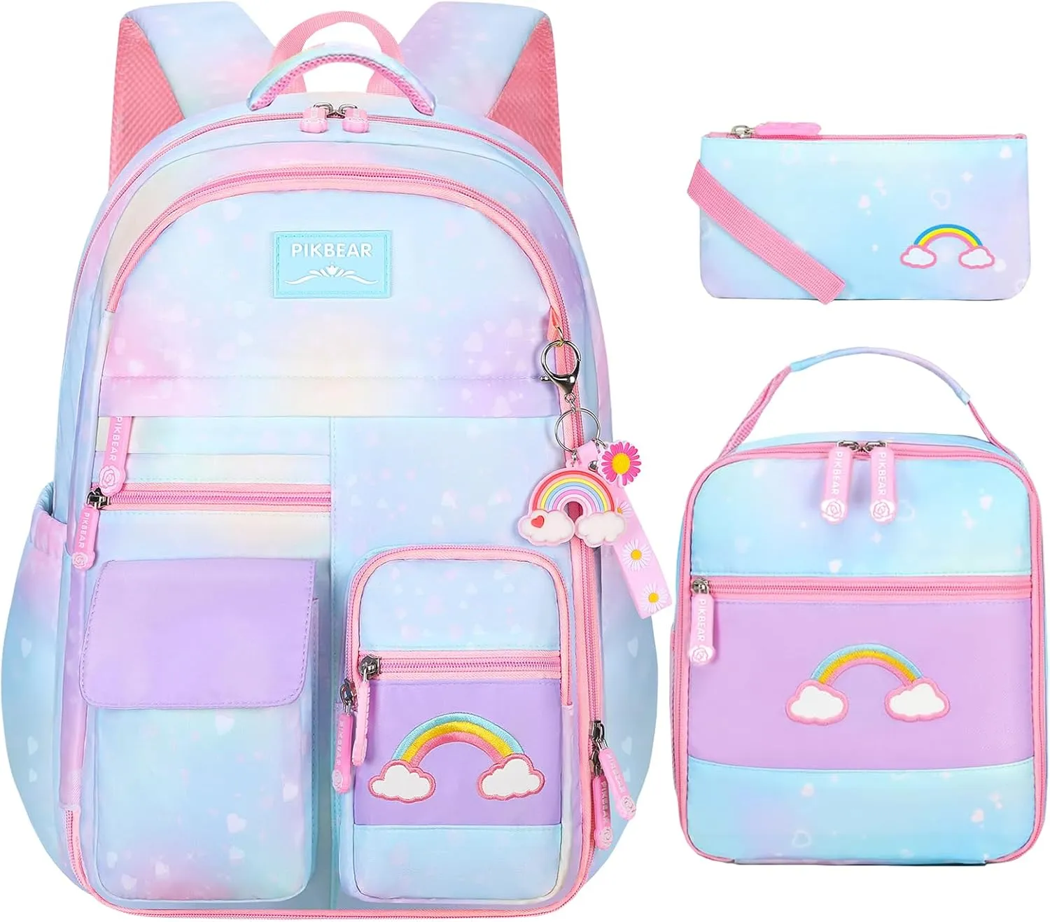 3pcs Girls Backpack,Cute Rainbow School Backpack for Kids Children with Insulated Lunch Box Pencil Case Set
