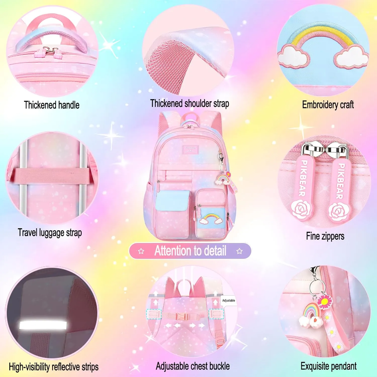 3pcs Girls Backpack,Cute Rainbow School Backpack for Kids Children with Insulated Lunch Box Pencil Case Set